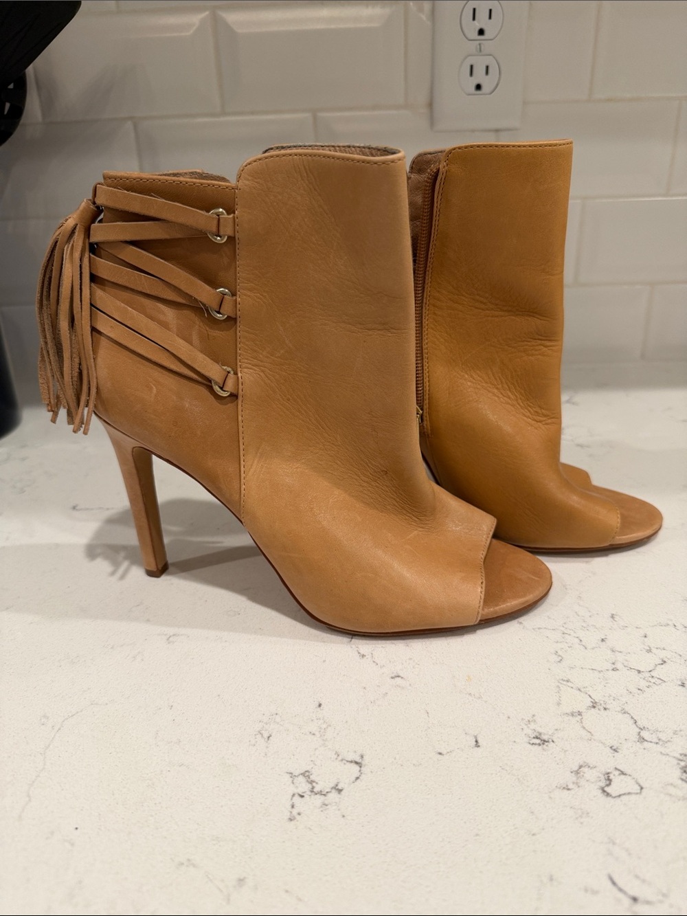 Vince Camuto Fringe Detail Tan Leather Peep-Toe Ankle Boots